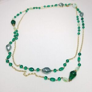Vintage Long Green Glass Beaded Necklace and Gold Tone Chain, Mixed Shape Beads